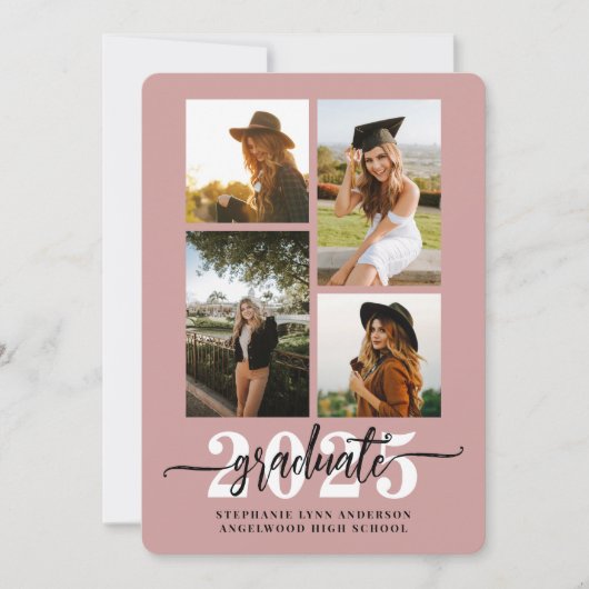 Dusty Rose 4 Photo Collage Grad Faire-part (Devant)