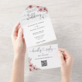 Dusty Rose Bloemencode QR Script Harten Trouwfeest All In One Uitnodiging (Afscheurbaar)