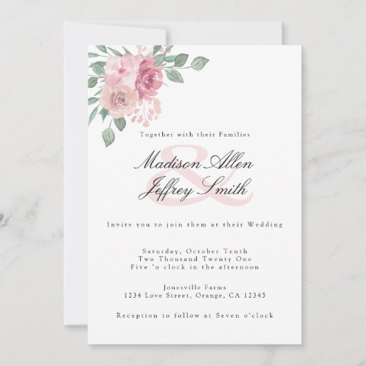 Dusty Rose Blush Floral Faire-part de mariage (Devant)