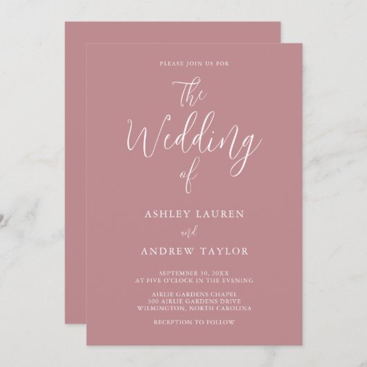 Dusty Rose Blush Simple Élégant Mariage Invitation (Devant / Derrière)