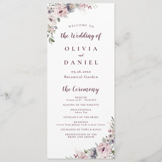 Dusty rose boho fleuri programme de mariage rustiq (Devant)