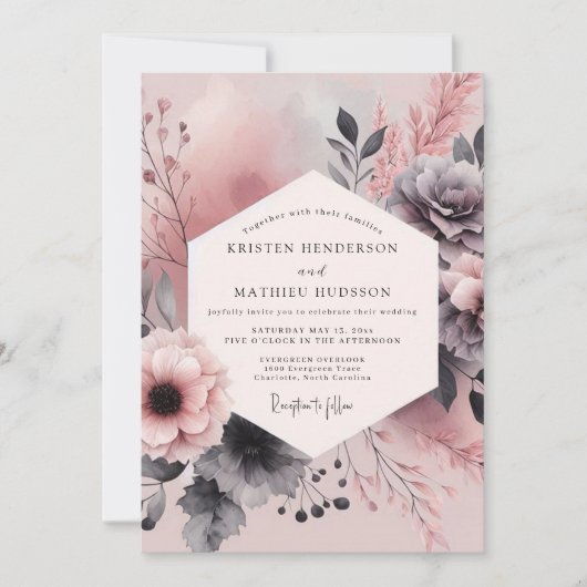 Dusty Rose Charcoal Bloom Wedding Kaart (Voorkant)