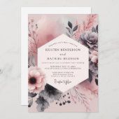 Dusty Rose Charcoal Bloom Wedding Kaart (Voorkant / Achterkant)