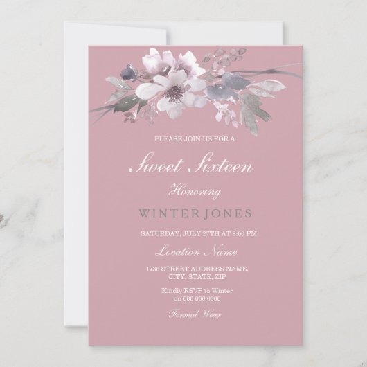 Dusty rose élégant Floral Sweet 16 Invitation (Devant)