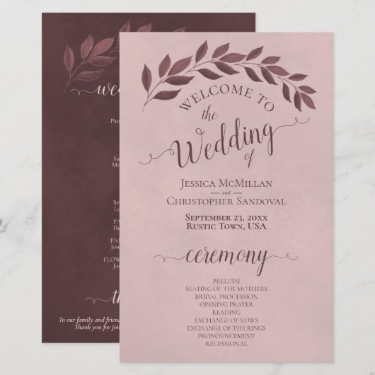 Dusty Rose Feuilles Élégant programme de mariage b (Devant / Derrière)