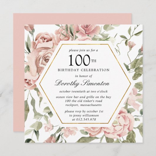Dusty Rose Floral 100e Invitation anniversaire (Devant / Derrière)
