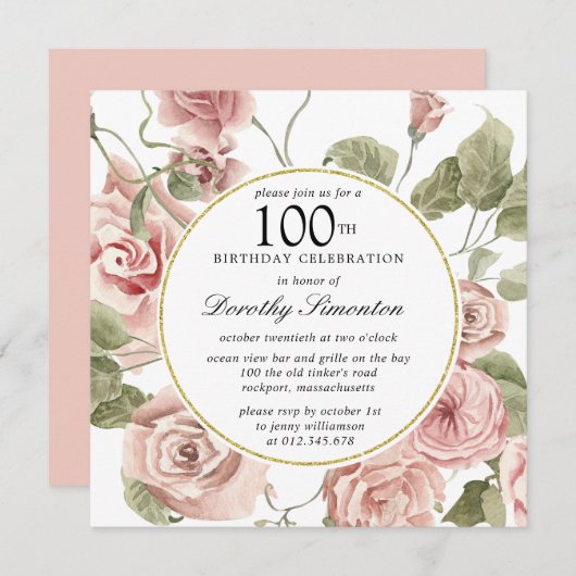 Dusty Rose Floral 100e Invitation anniversaire (Devant / Derrière)