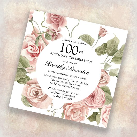 Dusty Rose Floral 100e Invitation anniversaire