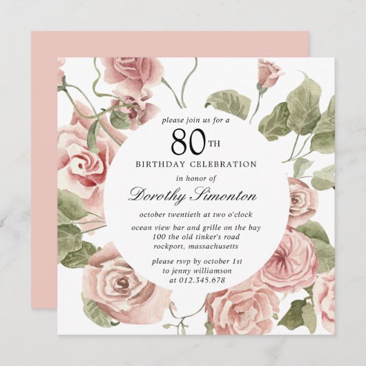 Dusty Rose Floral 80e Invitation anniversaire (Devant / Derrière)