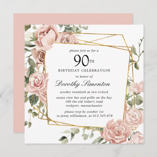 Dusty Rose Floral 90e Invitation anniversaire (Devant / Derrière)