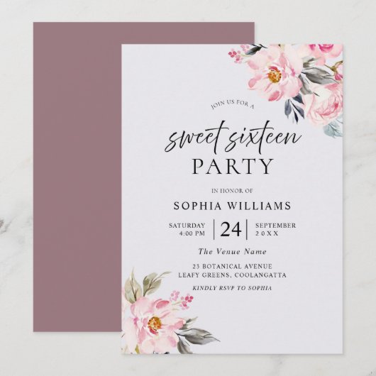 Dusty Rose Floral Blush Rose Sweet 16 Invitation (Devant / Derrière)