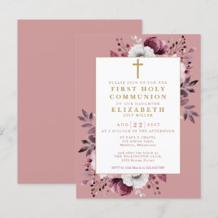 Dusty Rose Floral First Holy Communion Invitation