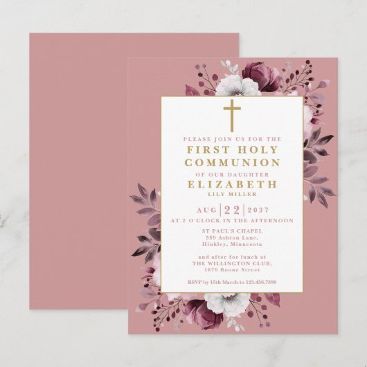 Dusty Rose Floral First Holy Communion Invitation (Devant / Derrière)