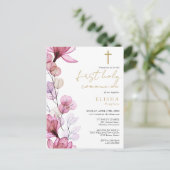 Dusty Rose Floral First Holy Communion Invitation (Debout devant)