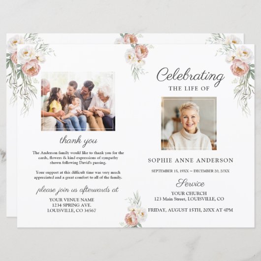 Dusty Rose Floral Funeral Service Programme photo (Devant / Derrière)