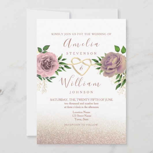 Dusty Rose Floral & Gold Faire-part de mariage (Devant)