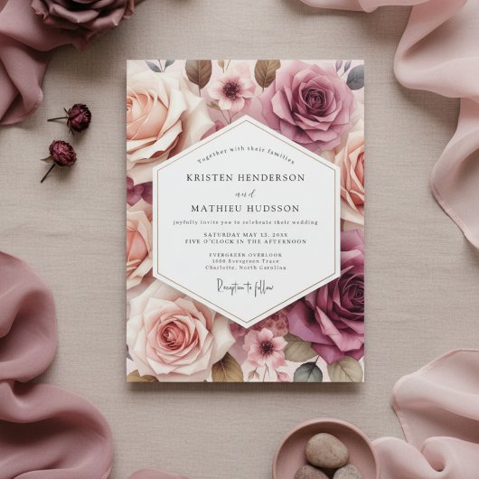 Dusty Rose Floral Romance Wedding Kaart