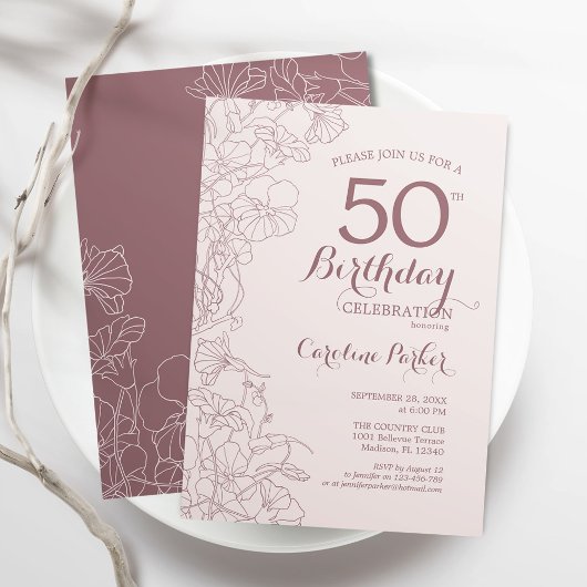 Dusty rose florale 50e anniversaire Invitation de 