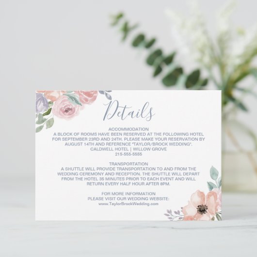 Dusty Rose Florals Mariage Détails Carte (Debout devant)