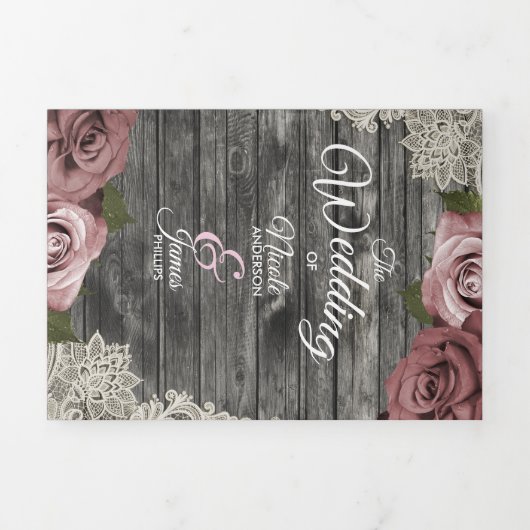 Dusty Rose Grey Wood Trifold Wedding Programme (Page de couverture)