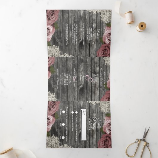 Dusty Rose Grey Wood Trifold Wedding Programme (Intérieur)