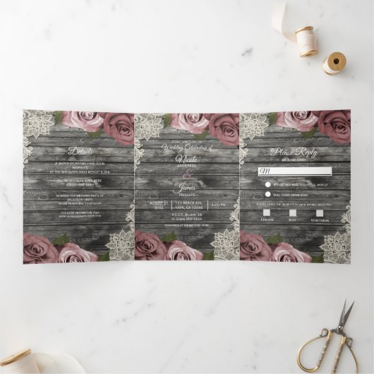 Dusty Rose Grey Wood Trifold Wedding Programme (Intérieur)