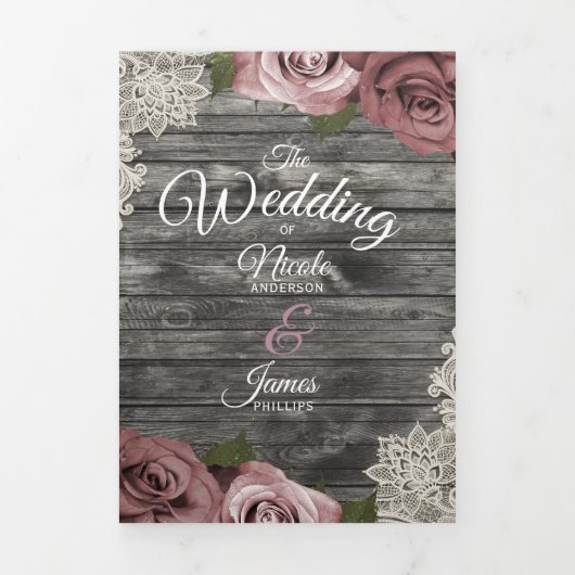 Dusty Rose Grey Wood Trifold Wedding Programme (Page de couverture)
