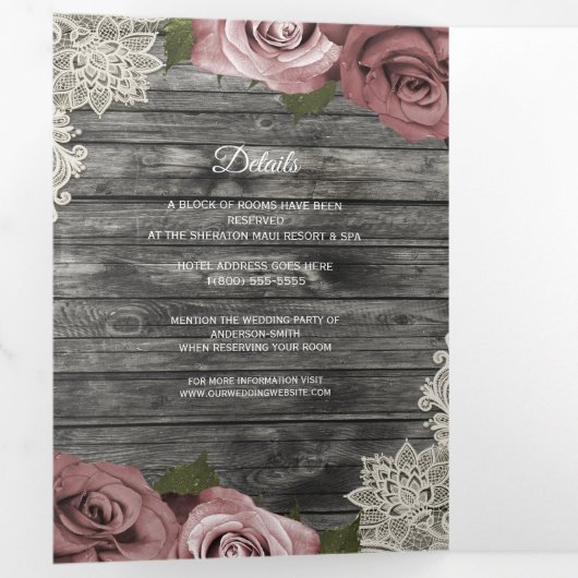 Dusty Rose Grey Wood Trifold Wedding Programme (Intérieur en premier)