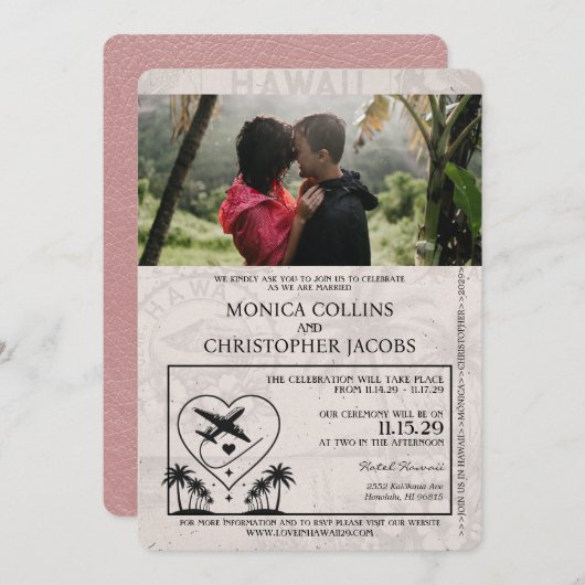 Dusty Rose Hawaii Faire-part de mariage de passepo (Devant / Derrière)