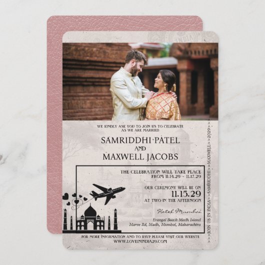 Dusty Rose India Passport Faire-part de mariage (Devant / Derrière)
