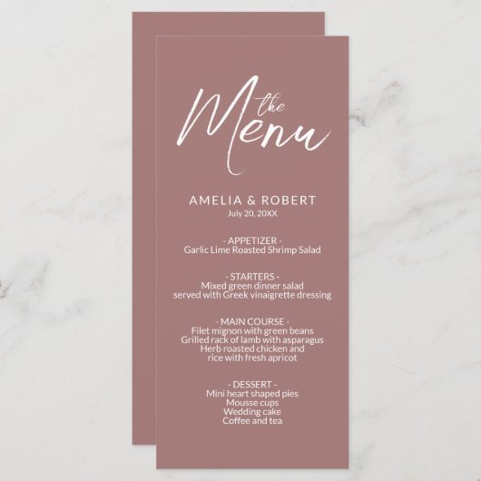 Dusty Rose Modern Elegant Simple Mariage Menu (Devant / Derrière)