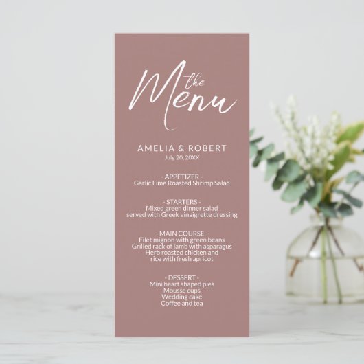 Dusty Rose Modern Elegant Simple Mariage Menu (Debout devant)