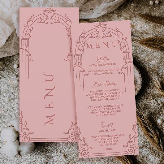 Dusty Rose Ornate Arch Botanical Wedding Dinner Menu