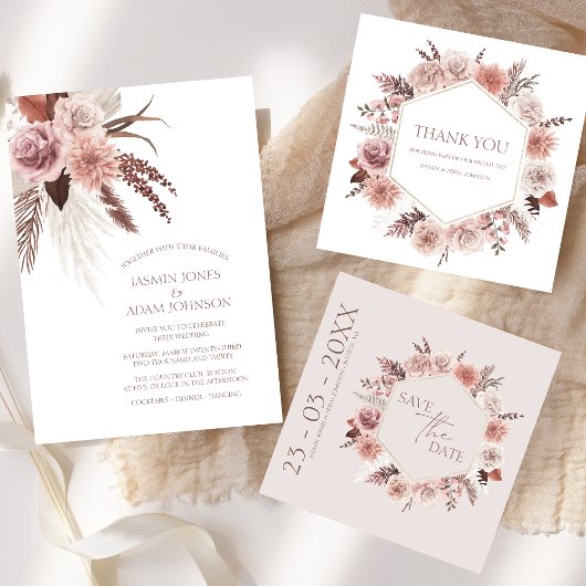 Dusty Rose Pampas Boho Wedding RSVP