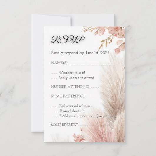 Dusty rose pampas grass RSVP card invitation (Devant)