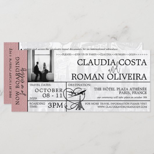 Dusty Rose Paris Mariage Boarding Pass Invitation (Devant / Derrière)