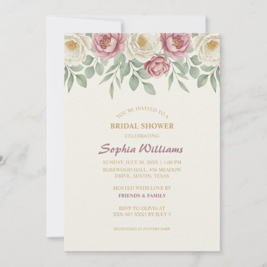 Dusty Rose Peony Bridal Shower Invitation Card (Devant)