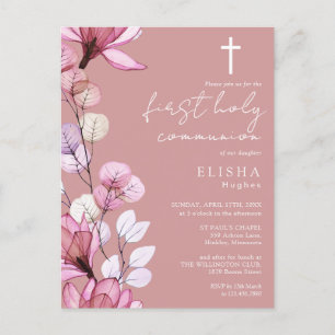 Dusty Rose rose Floral Sainte Communion Invitation