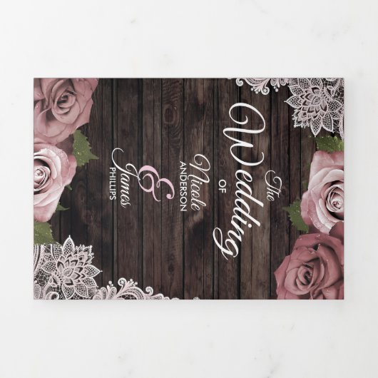 Dusty Rose Rustic Wood Trifold Wedding Programme (Page de couverture)