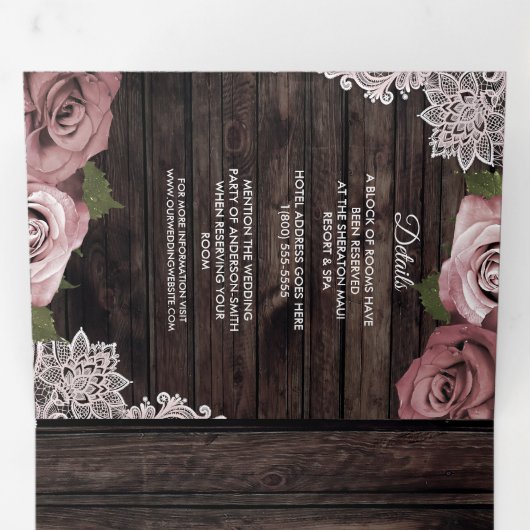 Dusty Rose Rustic Wood Trifold Wedding Programme (Intérieur en premier)