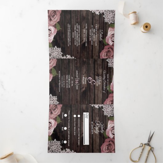Dusty Rose Rustic Wood Trifold Wedding Programme (Intérieur)