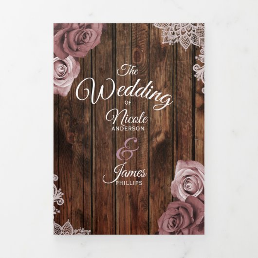 Dusty Rose Rustic Wood Trifold Wedding Programme (Page de couverture)