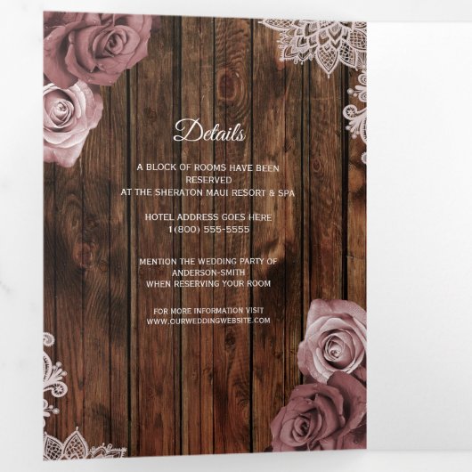 Dusty Rose Rustic Wood Trifold Wedding Programme (Intérieur en premier)