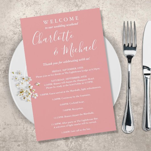 Dusty Rose Script Mariage invité Weekend Programme