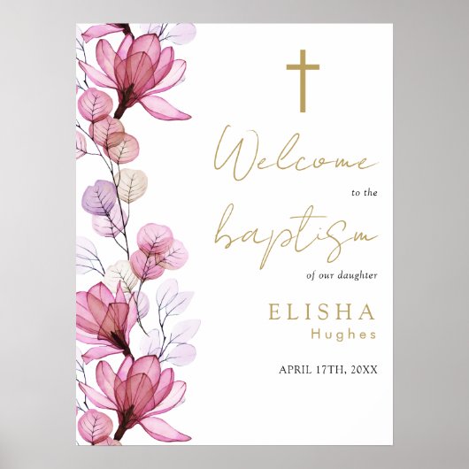 Dusty Rose Transparent Floral Baptism Affiche de b (Devant)