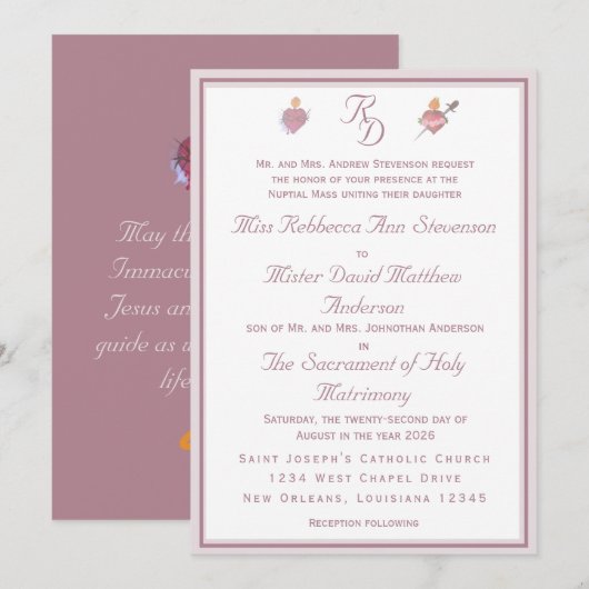 Dusty Rose Two Hearts Catholic Wedding Invitation (Devant / Derrière)