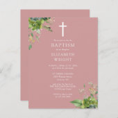 Dusty Rose verdure Monogramme Baptême Invitation (Devant / Derrière)