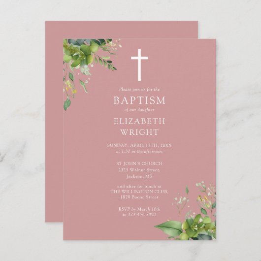 Dusty Rose verdure Monogramme Baptême Invitation (Devant / Derrière)