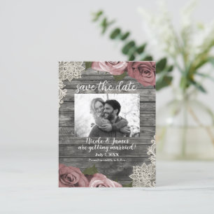 Dusty Roses & Cream Lace Grey Save the Date Kaart