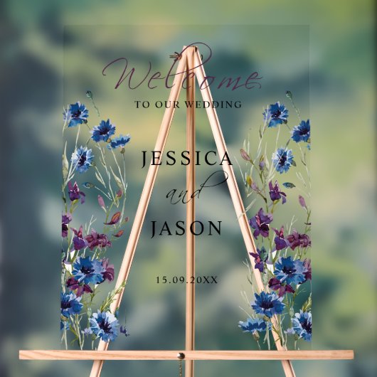 Dusty Royal Blue Paarse Bloom Bruiloft Welkom Acryl Bord (Neutraal)